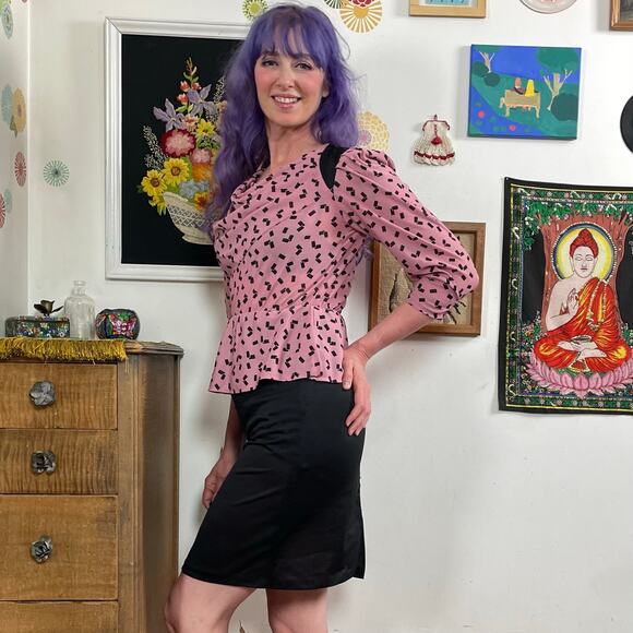 Vintage Disco Secretary Dress, Early 1980s Mauve & Black Peplum Mini Sz S - Picture 4 of 10